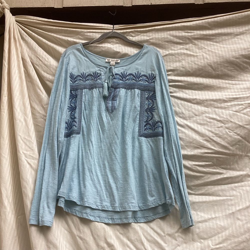 Vintage America Light Blue Blouse with Navy Embroidery, size large